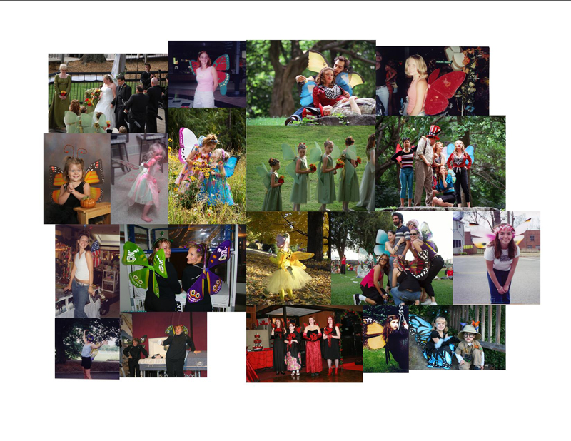 Customers wearing butterfly wings costumes and fairy wings costumes collage